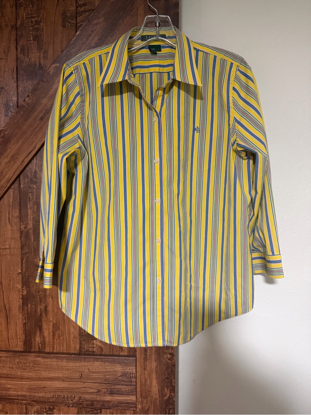 Lauren Ralph Lauren Women 3/4 sleeve button down collared striped shirt Size L